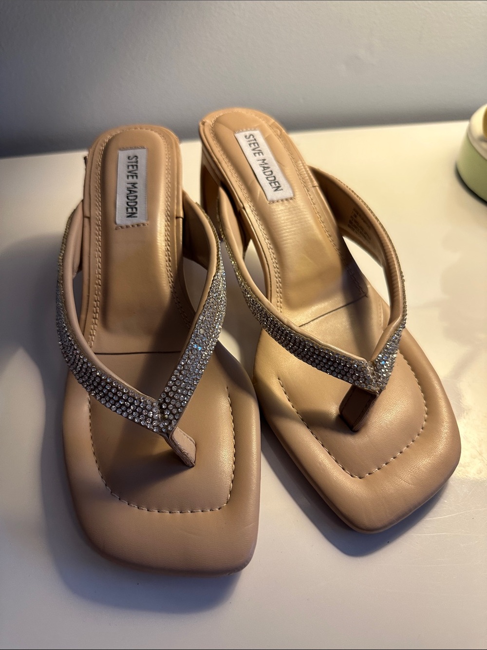 Steve Madden Beige Rhinestone Thong Heels